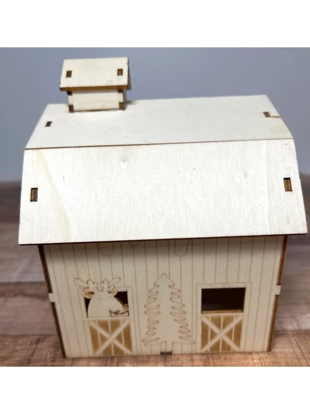 Wooden LED Light-Up Laser Cut Christmas Barn  With Deer Can Be Painted Or Natura